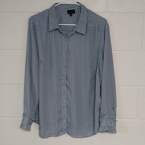 WHO WHAT WEAR BLUE & BLK POLKA DOT, RUFFLE CUFF BUTTON DOWN BLOUSE - Picture 8 of 8
